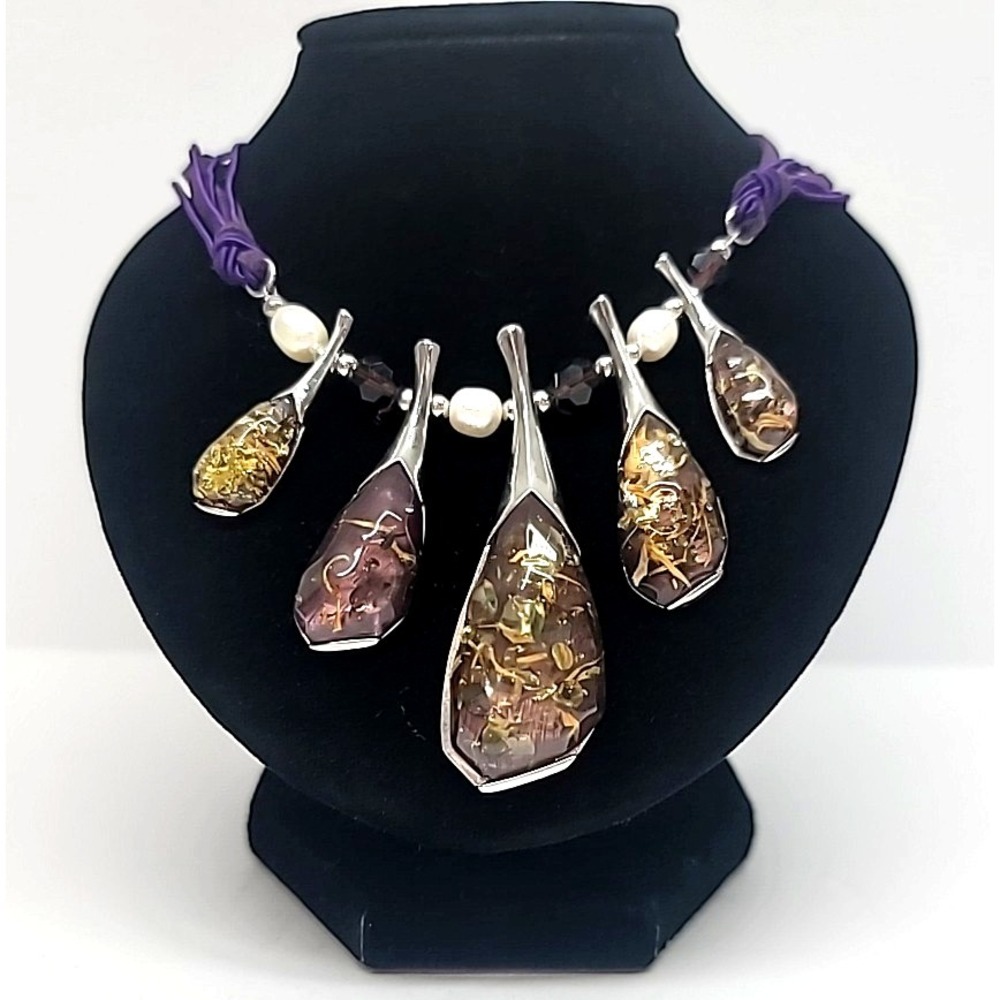 Silver Confetti Resin Pendants,Pearls & Glass Beads,Purple Leather & Cord Chain